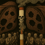 a skull and a cigarette with a group of people praying