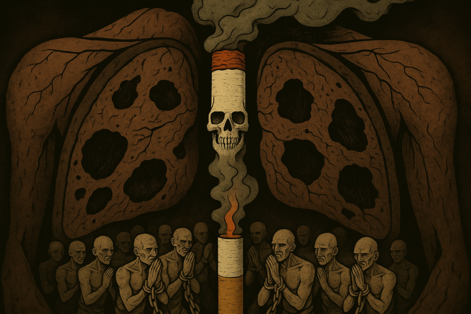 a skull and a cigarette with a group of people praying